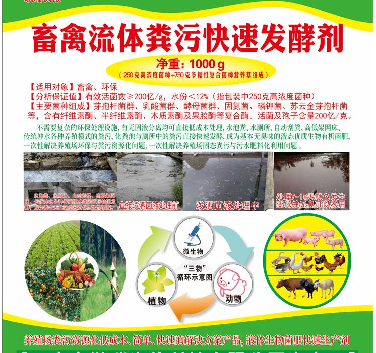 流體糞污快速發酵活菌劑——畜禽流體糞污快速發酵劑、高濃度廢水快速除臭發酵劑、廚余垃圾廢水除臭發酵劑、低成本解決養殖場與農產品加工環保問題的方案產品